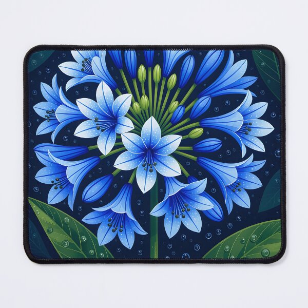 Item preview, Indigo agapanthus africanus covered in water droplets, backdrop of dark green leaves designed and sold by Ponted.