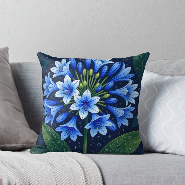 Item preview, Indigo agapanthus africanus covered in water droplets, backdrop of dark green leaves designed and sold by Ponted.