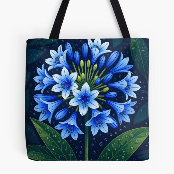 Item preview, Indigo agapanthus africanus covered in water droplets, backdrop of dark green leaves designed and sold by Ponted.