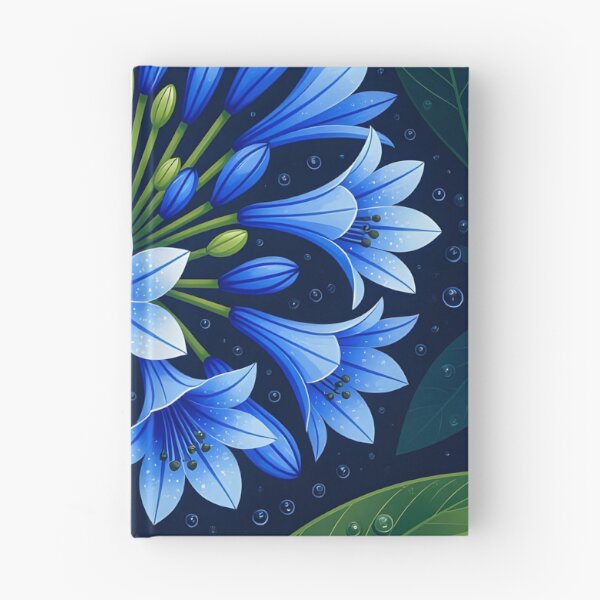 Item preview, Indigo agapanthus africanus covered in water droplets, backdrop of dark green leaves designed and sold by Ponted.