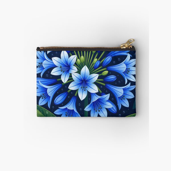 Item preview, Indigo agapanthus africanus covered in water droplets, backdrop of dark green leaves designed and sold by Ponted.