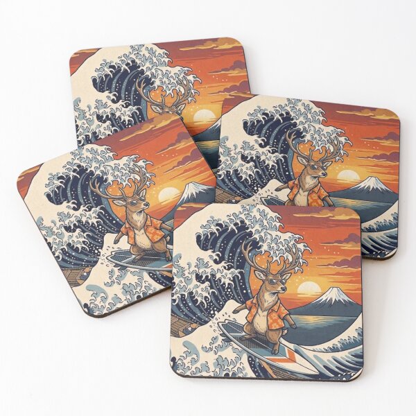 Item preview, Funny Deer Surfer Kanagawa Wave Japanese Sunset Vintage Boys Girls Kids designed and sold by FurryHavenPH.