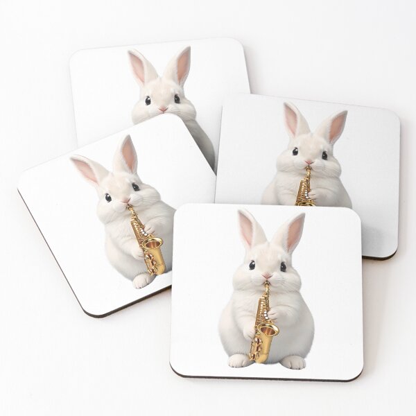Item preview, Cute Fluffy White Bunny Playing Golden Saxophone Jazz Musician Art designed and sold by lovelistivkaa.