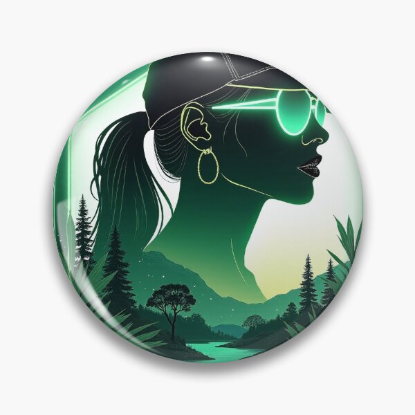 Item preview, Cyberpunk style emerald shield with neon forest inside a female silhouette designed and sold by GreenDreamArt.
