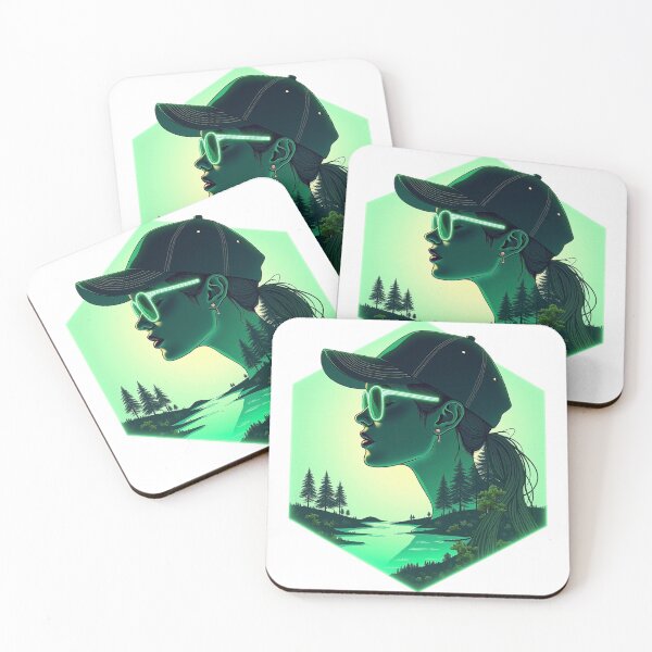 Item preview, Futuristic tech-wear emblem of a woman's profile inside a glowing green hexagon designed and sold by GreenDreamArt.