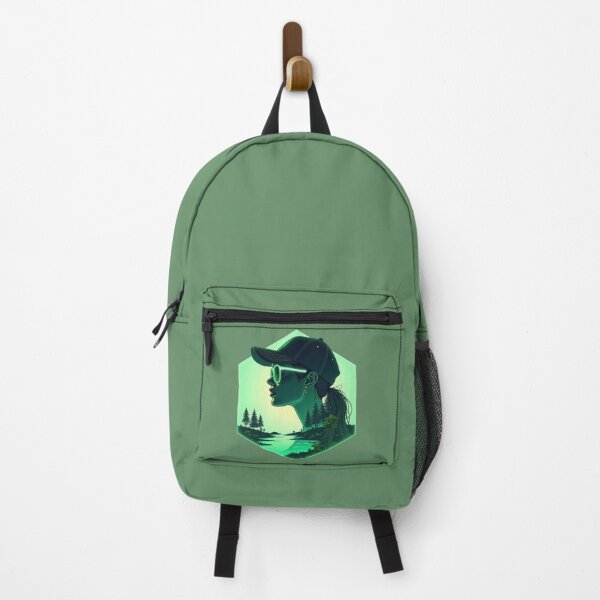 Item preview, Futuristic tech-wear emblem of a woman's profile inside a glowing green hexagon designed and sold by GreenDreamArt.