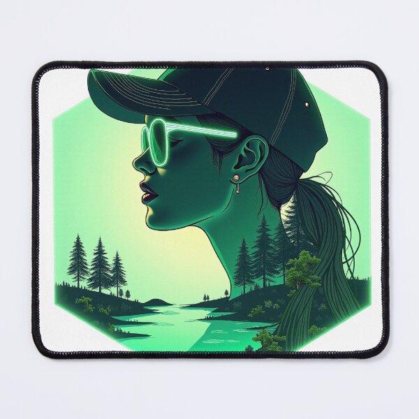 Item preview, Futuristic tech-wear emblem of a woman's profile inside a glowing green hexagon designed and sold by GreenDreamArt.