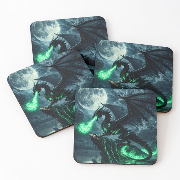 Item preview, Dark Dragon Under Full Moon – Green Fire Dragon, Gothic Fantasy Dragon, Night Dragon, Magical Dark Fantasy Art, Epic Dragon Illustration designed and sold by DrakariArt.