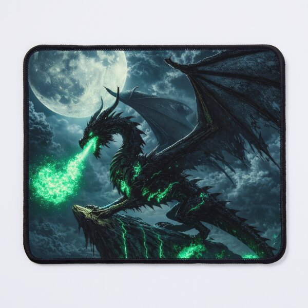 Item preview, Dark Dragon Under Full Moon – Green Fire Dragon, Gothic Fantasy Dragon, Night Dragon, Magical Dark Fantasy Art, Epic Dragon Illustration designed and sold by DrakariArt.