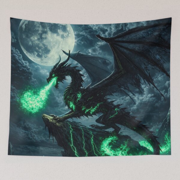 Item preview, Dark Dragon Under Full Moon – Green Fire Dragon, Gothic Fantasy Dragon, Night Dragon, Magical Dark Fantasy Art, Epic Dragon Illustration designed and sold by DrakariArt.