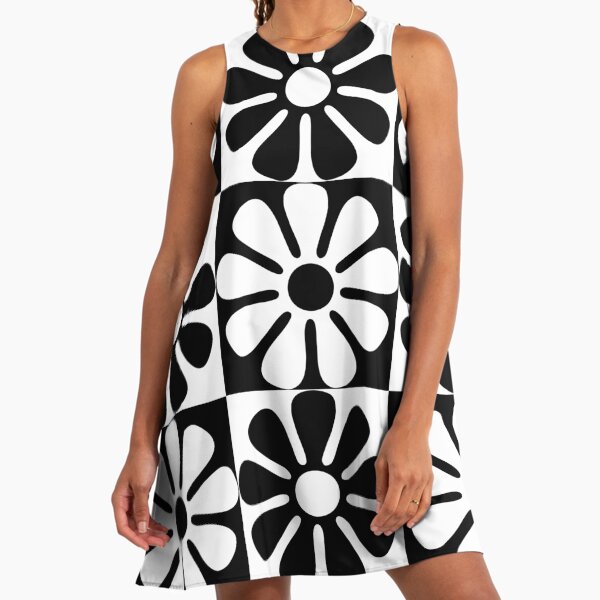 60's Retro Big Flowers In Black And White Flower A-Line Dress