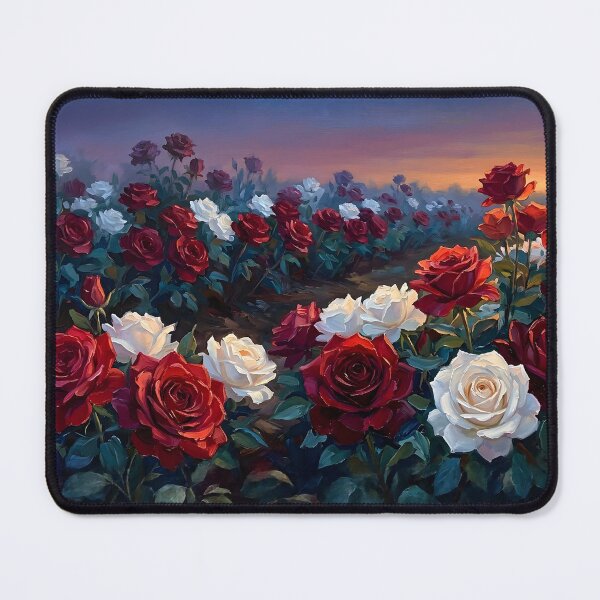 Artikelvorschau, Rosengarten-Gemälde in Rot und Weiß – Romantisches Wandbild mit Blumen bei Sonnenuntergang entworfen und verkauft von DesignAnother.