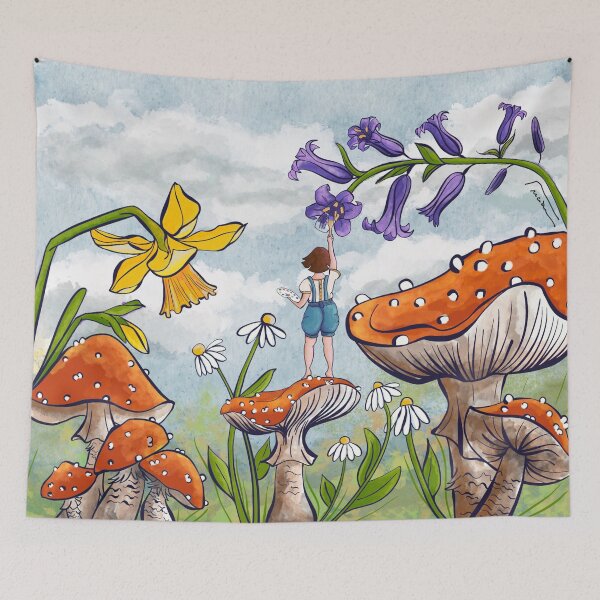 Item preview, Spring with little girl painting flowers mushrooms designed and sold by Squtza.