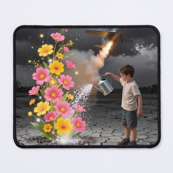 Item preview, Child Watering Hopeful Flowers Beneath Storm And Rocket designed and sold by ArtaFutura.