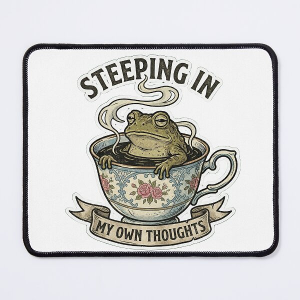 Item preview, Steeping In My Own Thoughts Funny Grumpy Frog Tea Overthinker Comic Art designed and sold by Mythic Ink Studio.