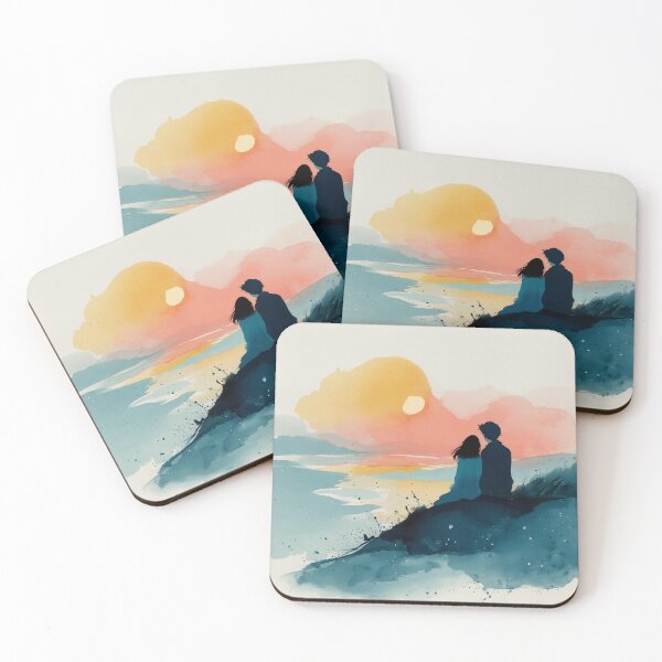 Item preview, Golden Hour – Couple Watching the Sunset by the Shore Watercolor designed and sold by solynneart.