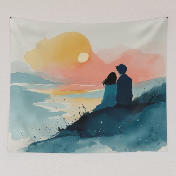 Item preview, Golden Hour – Couple Watching the Sunset by the Shore Watercolor designed and sold by solynneart.