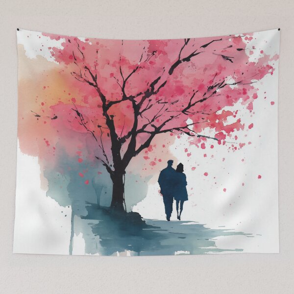 Item preview, Under the Blossom Tree – Couple Walking in Spring Watercolor designed and sold by solynneart.