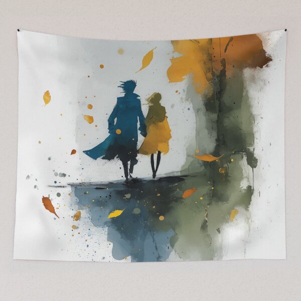 Item preview, Autumn Stroll – Couple Walking Hand in Hand Through Falling Leaves Watercolor designed and sold by solynneart.