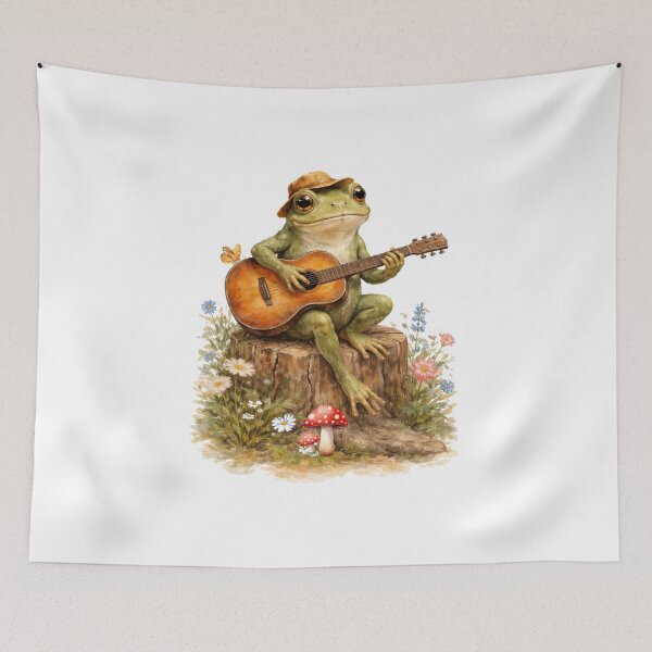 Item preview, frog in a hat sitting on a trunk and playing guitar  designed and sold by paggorek.