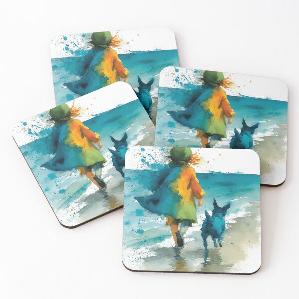 Item preview, Beach Buddies – Child and Dog Running by the Sea Watercolor Painting designed and sold by solynneart.