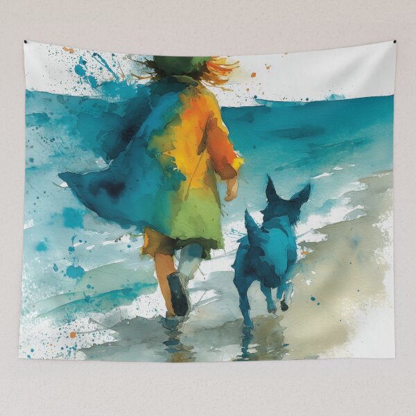 Item preview, Beach Buddies – Child and Dog Running by the Sea Watercolor Painting designed and sold by solynneart.