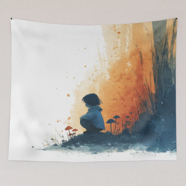 Item preview, Little Explorer – Child Discovering Mushrooms in the Forest Watercolor Painting designed and sold by solynneart.