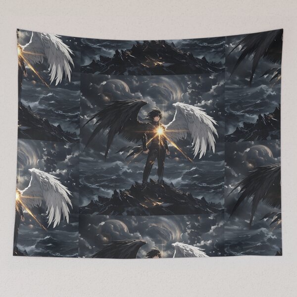 Item preview, The Celestial Divide: A Fallen Angel's Balance of Light and Shadow Above the Storm designed and sold by MouradStudio.