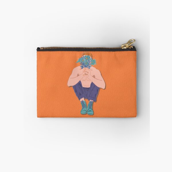 Item preview, Boy with boots and bouquet of flowers, marker drawing, bright orange polka dot background designed and sold by WONDERPRINTVALLEY.
