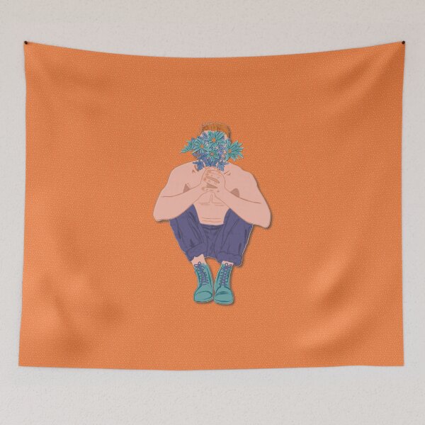 Item preview, Boy with boots and bouquet of flowers, marker drawing, bright orange polka dot background designed and sold by WONDERPRINTVALLEY.