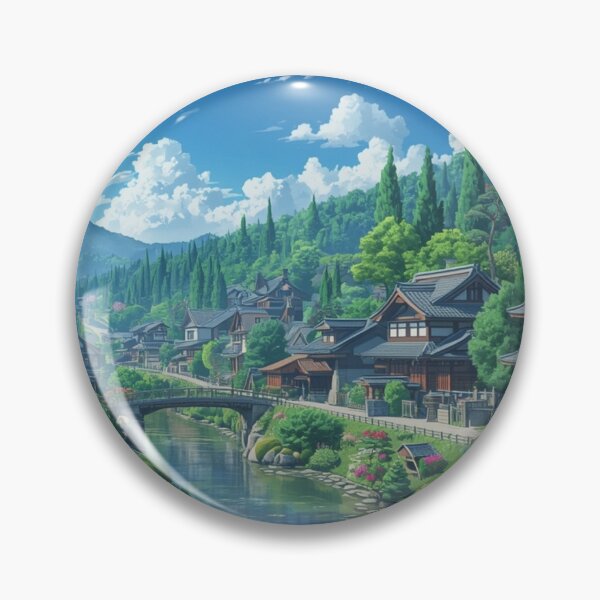 Item preview, Japanese Anime River Village Landscape designed and sold by peacefulframes.art.