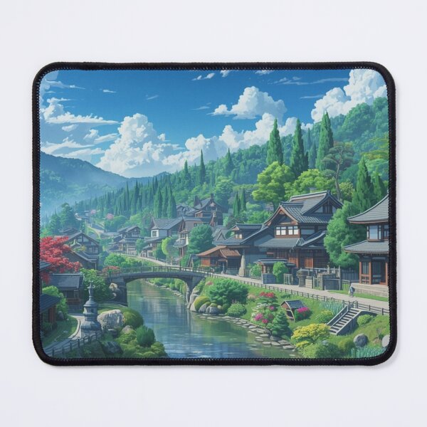 Item preview, Japanese Anime River Village Landscape designed and sold by peacefulframes.art.