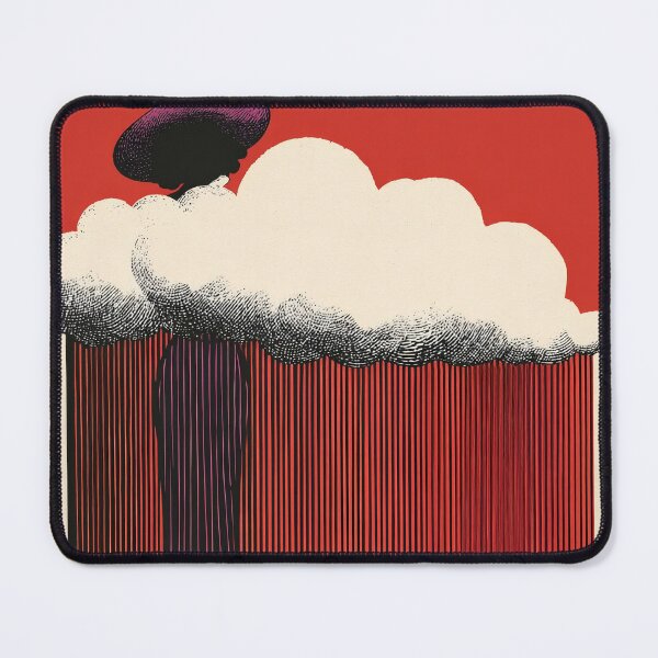 Aperçu de l'œuvre Femme au-dessus des nuages – Estampe figurative Art déco rouge et noire créée et vendue par BestVarieties.
