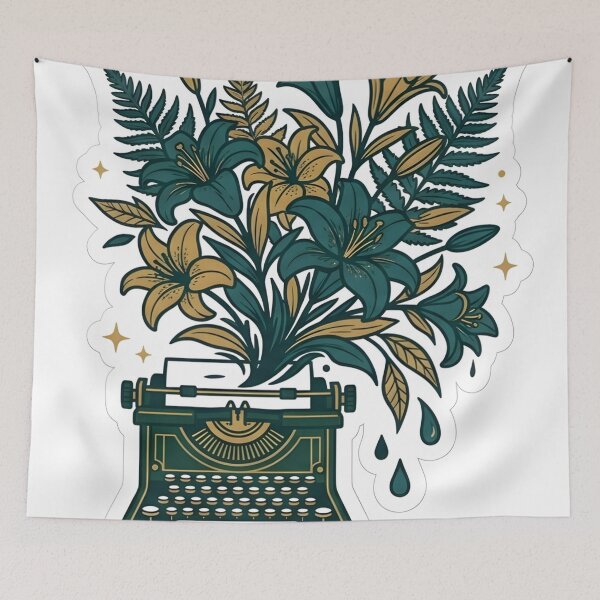 Item preview, Poet-core Muse Vintage Typewriter Floral Aesthetic Amber Gold & Teal Ink designed and sold by StickyGuys.