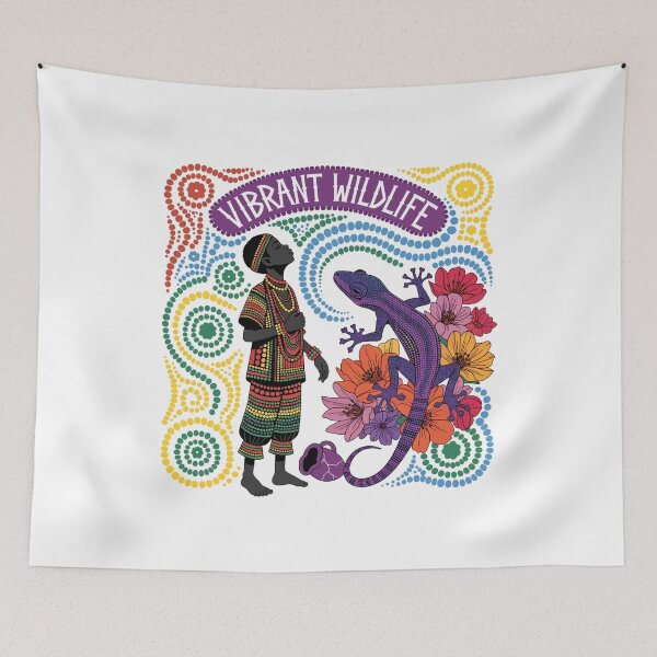 Item preview, boy with a lizard in the style of aboriginal art designed and sold by Stellar Geometry.