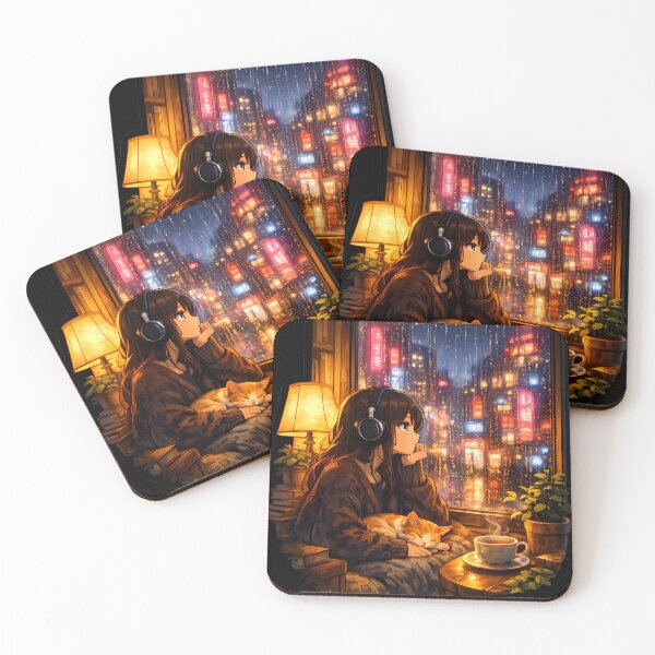 Item preview, LoFi Anime Girl Rainy Night Cozy Room Cat Neon City Aesthetic Sticker designed and sold by Art-Selling.