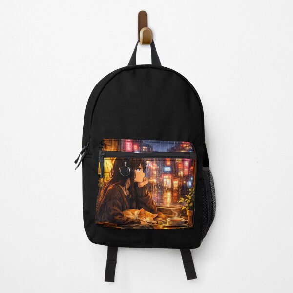 Item preview, LoFi Anime Girl Rainy Night Cozy Room Cat Neon City Aesthetic Sticker designed and sold by Art-Selling.