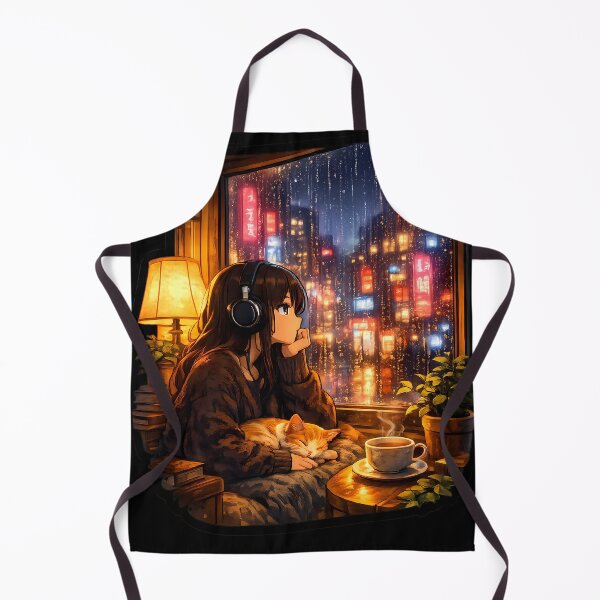 Item preview, LoFi Anime Girl Rainy Night Cozy Room Cat Neon City Aesthetic Sticker designed and sold by Art-Selling.