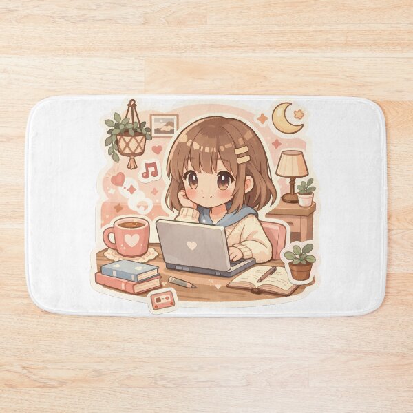 Item preview, Cute Lofi Anime Girl Studying at Cozy Desk with Laptop Pastel Aesthetic designed and sold by Art-Selling.