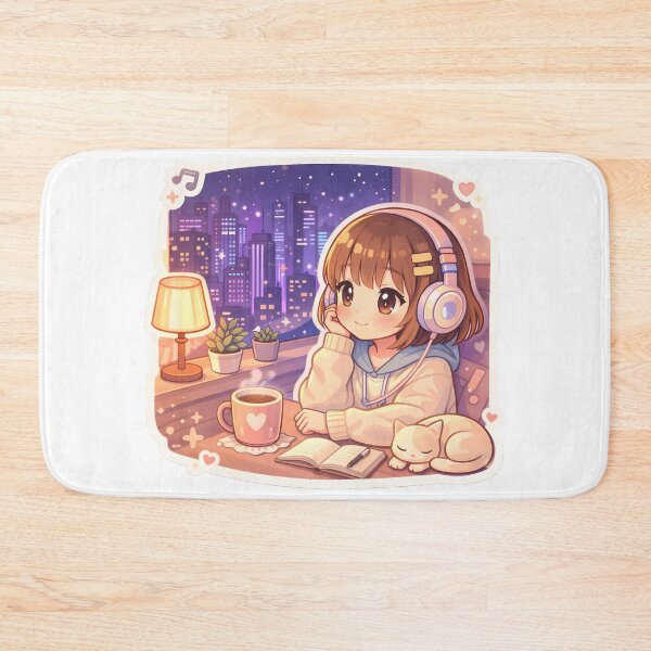 Item preview, Cute Lofi Anime Girl Studying Neon City Night Cozy Aesthetic designed and sold by Art-Selling.