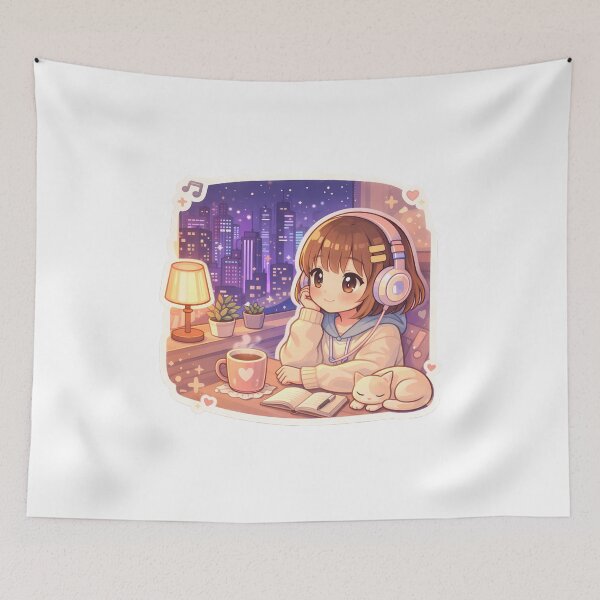 Item preview, Cute Lofi Anime Girl Studying Neon City Night Cozy Aesthetic designed and sold by Art-Selling.
