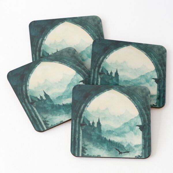 Item preview, Gothic Castle Window with Dragon, Dark Academia Fantasy Landscape, Misty Medieval Scene designed and sold by CosmicAnomaly.