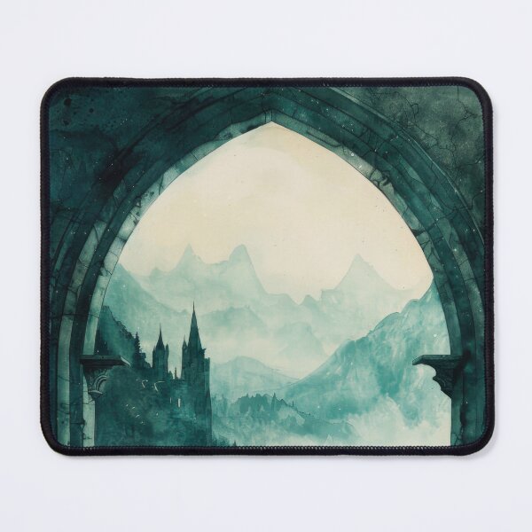 Item preview, Gothic Castle Window with Dragon, Dark Academia Fantasy Landscape, Misty Medieval Scene designed and sold by CosmicAnomaly.