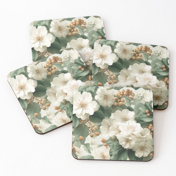 Item preview, Vintage White Camellias & Autumn Berries Botanical Pattern designed and sold by Nine Lives Studio.