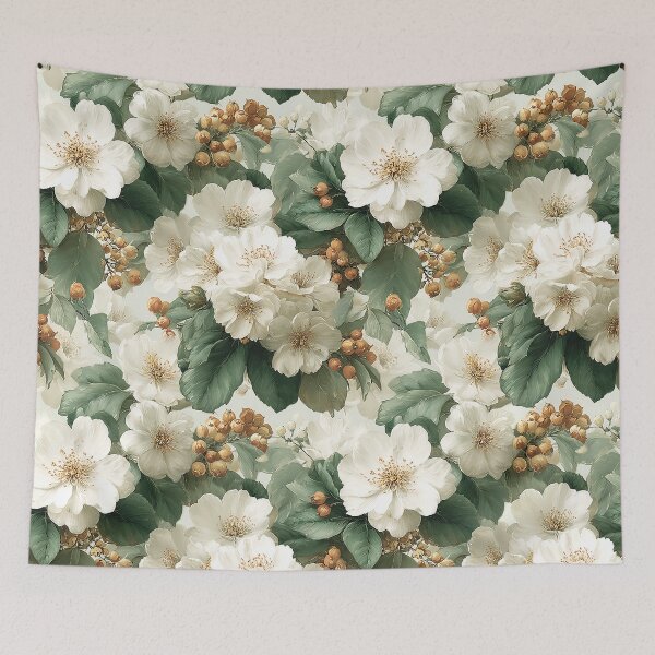 Item preview, Vintage White Camellias & Autumn Berries Botanical Pattern designed and sold by Nine Lives Studio.