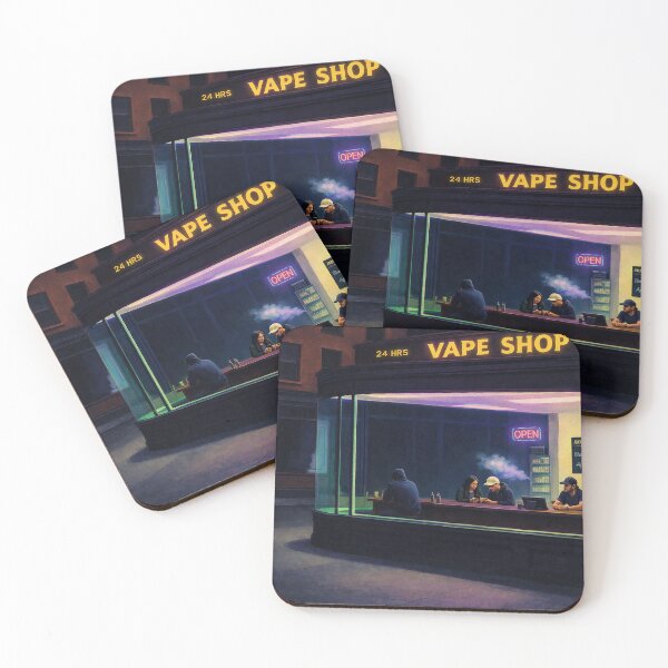 Item preview, Nighthawks at the Vape Shop – Modern Loneliness Parody Art Print – Neon Night Store Illustration designed and sold by DiamondSkyShirt.