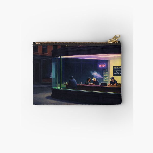Item preview, Nighthawks at the Vape Shop – Modern Loneliness Parody Art Print – Neon Night Store Illustration designed and sold by DiamondSkyShirt.