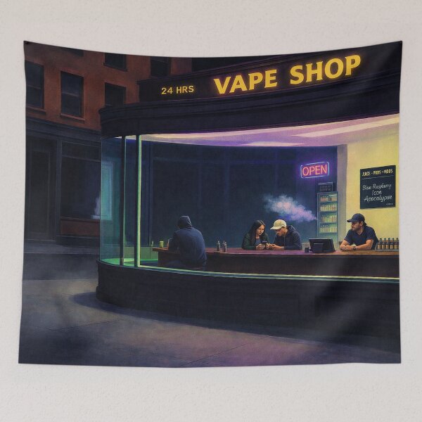 Item preview, Nighthawks at the Vape Shop – Modern Loneliness Parody Art Print – Neon Night Store Illustration designed and sold by DiamondSkyShirt.