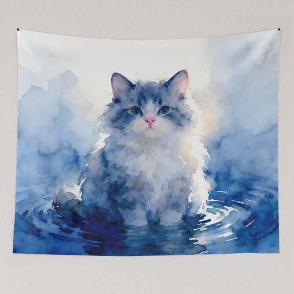 Item preview, Fluffy Indigo Kitteh in Water designed and sold by Shelley Loewnau-Jones Studio.