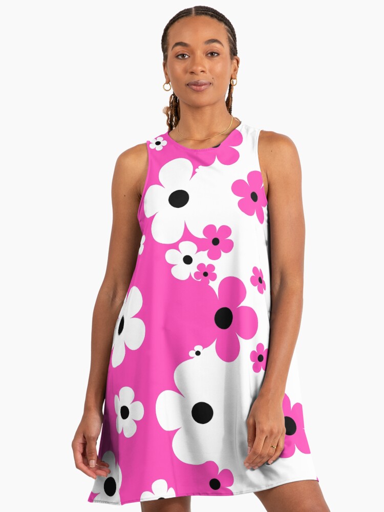 60's Retro Pop Small Flowers In Hot Pink And White, Black 1960s A-Line Dress